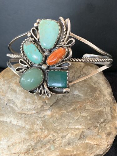 Navajo Spiny Oyster Green Turquoise Cuff Bracelet | Sterling Silver | Authentic Native American Handmade | 342