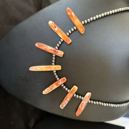 Navajo Orange Spiny Oyster Stick Bead Necklace | Sterling Silver | 20" | Authentic Native American Handmade | 14320