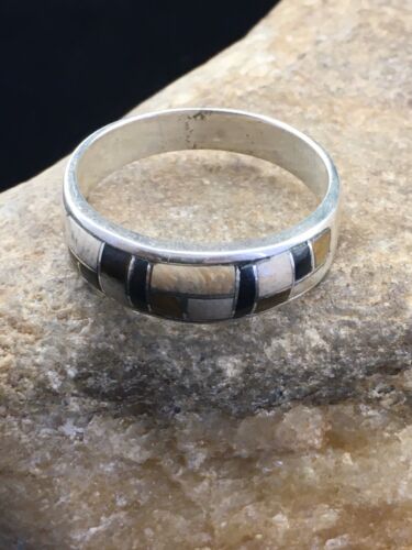 Navajo Sterling Silver Onyx & Picture Jasper Inlay Ring | Sz 13.5 | Authentic Native American Handmade | 01592
