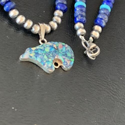 Navajo Bear Pendant | Blue Lapis, Turquoise, Opal | Sterling Silver Necklace | 22" | 13362