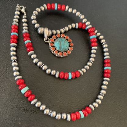 Southwestern Navajo Multi-Stone Necklace | Turquoise Coral Pendant | Sterling Silver | 21" | 12581