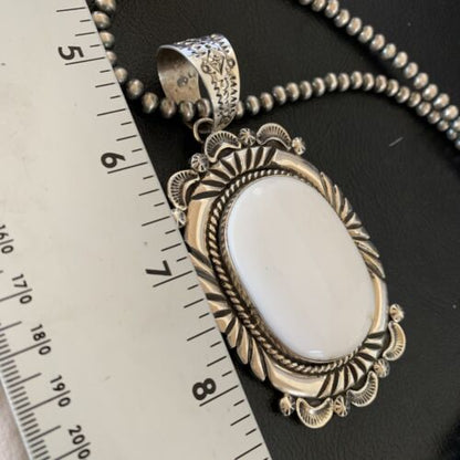 Men's Navajo White Buffalo Turquoise Pendant | Sterling Silver Necklace | Authentic Native American Handmade | 11591