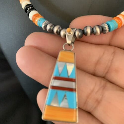 Navajo Multi-Color Turquoise Onyx Inlay Pendant Necklace | Sterling Silver | Authentic Native American Handmade | 13806