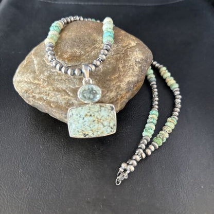 Navajo Pearls Necklace with Wild Horse Turquoise Pendant | Sterling Silver | Authentic Native American Handmade | 13906
