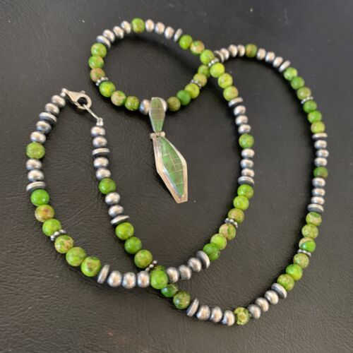 Navajo Green Gaspeite Turquoise Pendant | Sterling Silver Inlay | Authentic Native American Handmade | 12361 - Masha USA