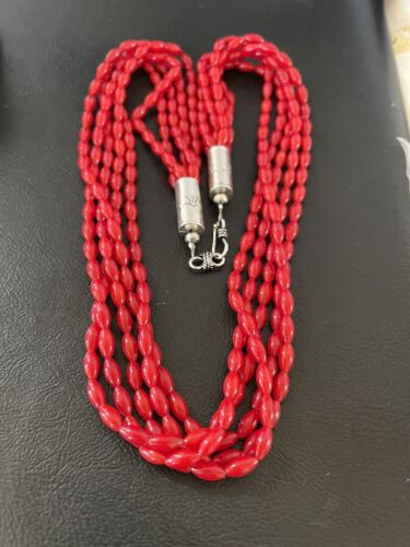 Navajo Red Coral 5-Strand Necklace | Sterling Silver Barrel Beads | 22" | Authentic Native American Handmade | 10438