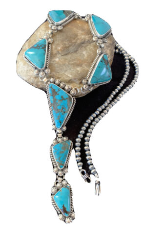 Navajo Lariat Necklace | Spiderweb Turquoise Pendant | Sterling Silver Navajo Pearls | 1187