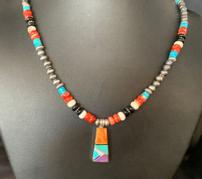 Navajo Multi-Color Turquoise Onyx Inlay Pendant Necklace | Sterling Silver | 13798