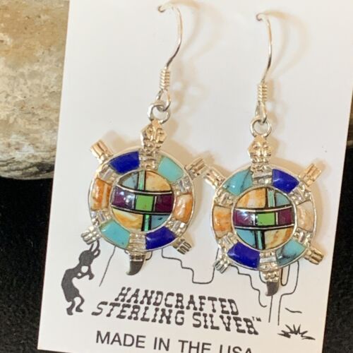 Navajo Turquoise Spiny Opal Inlay Sterling Silver Turtle Earrings | 0.5" | Handmade | 12014