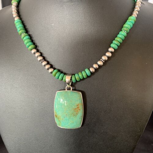 Navajo Green Turquoise Pendant Necklace | Sterling Silver Beads | Authentic Native American Handmade | 13304