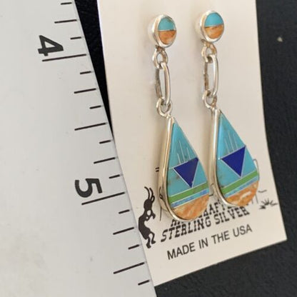 Navajo Multi-Color Turquoise Spiny Opal Inlay Earrings | Sterling Silver | 1.5" | 12010