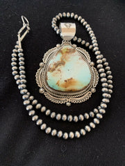 Navajo Pearls Necklace with Blue Royston Turquoise Pendant | Sterling Silver | Authentic Native American Handmade | 336