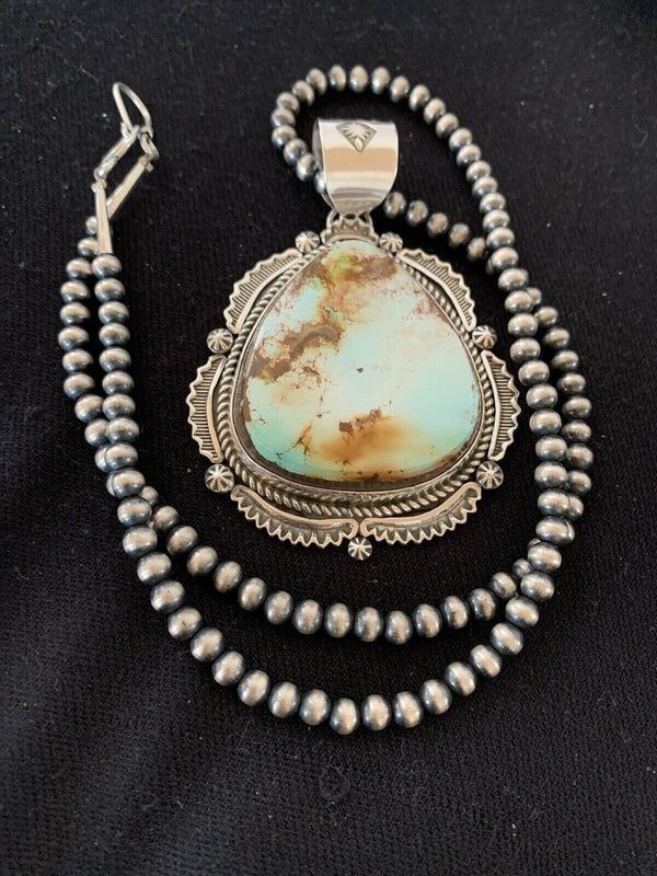 Navajo Pearls Necklace with Blue Royston Turquoise Pendant | Sterling Silver | Authentic Native American Handmade | 336