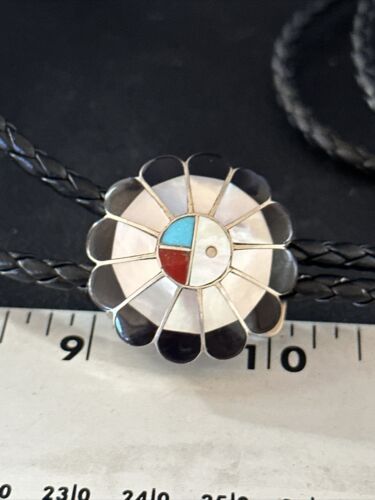 Men's Bolo Tie | Zuni Sunface Mother of Pearl Coral Turquoise Inlay | Sterling Silver | 14754