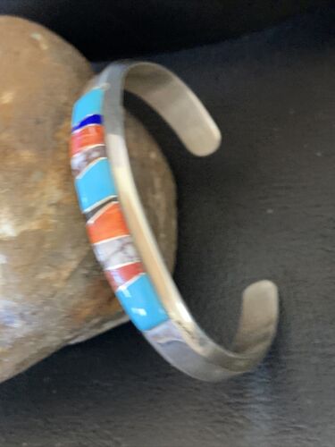 Navajo White Buffalo Turquoise Spiny Opal Inlay Bracelet | Sterling Silver | Authentic Native American Handmade | 12239 - Masha USA