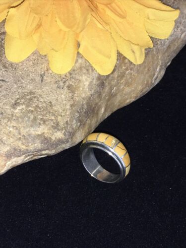 Navajo Yellow Gold Turquoise Inlay Ring | Sterling Silver | Sz 6.5 | 01788