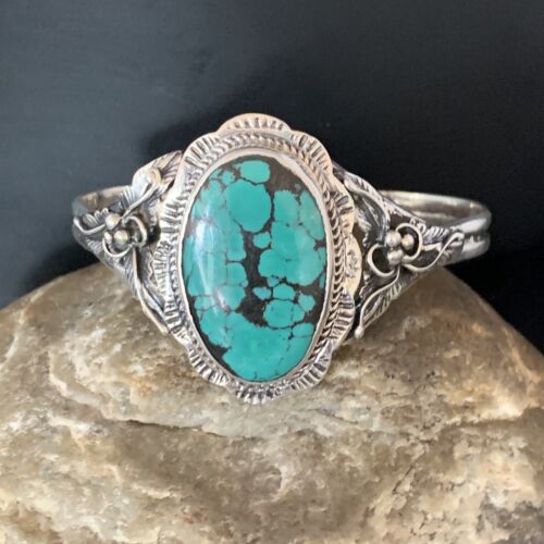 Native American Men's Blue Spiderweb Turquoise Cuff Bracelet | Sterling Silver | 14134