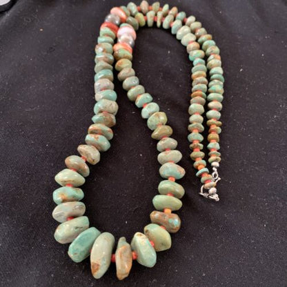 Authentic Native American Navajo Necklace | Sterling Silver | Green Turquoise & Spiny Oyster | 32" | 01669