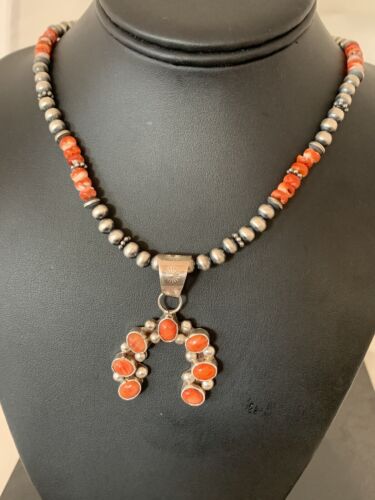 Navajo Red Spiny Oyster Naja Pendant | Sterling Silver Pearls | Authentic Native American Handmade | 140