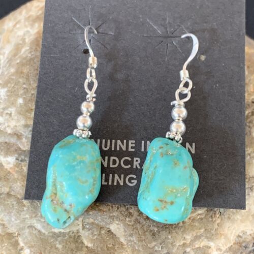 Navajo Turquoise Bead Nugget Earrings | Sterling Silver Pearls | 1" | Authentic Native American Handmade | 12896