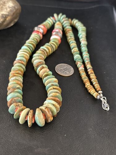 XL Green Turquoise & Red Spiny Oyster Navajo Sterling Silver Necklace | Authentic Native American | 32" | 14790