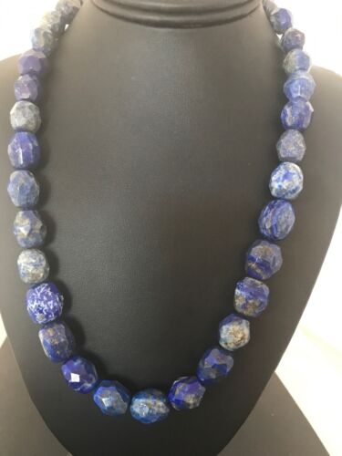 Navajo Chunky Faceted Denim Lapis Beads Necklace | Sterling Silver | Authentic Native American Handmade | 21" | 13973