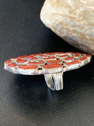 Navajo Red Coral Cluster Ring | Authentic Native American Sterling Silver | Multi-Stone | Sz 7 | 12230