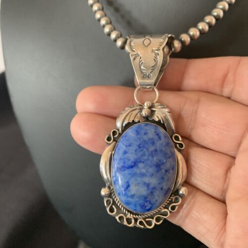 Navajo Denim Lapis Necklace Pendant | Sterling Silver Pearls | Authentic Native American Handmade | 12436