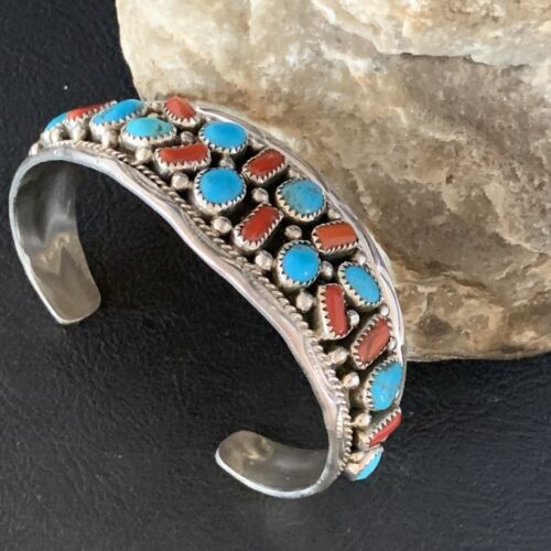 Navajo Kingman Turquoise Coral Cuff Bracelet | Sterling Silver | Authentic Native American Handmade | 14216