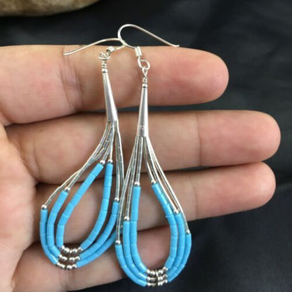 Native American Turquoise Heishi Tube Dangle Earrings | Sterling Silver | 2" | 8875