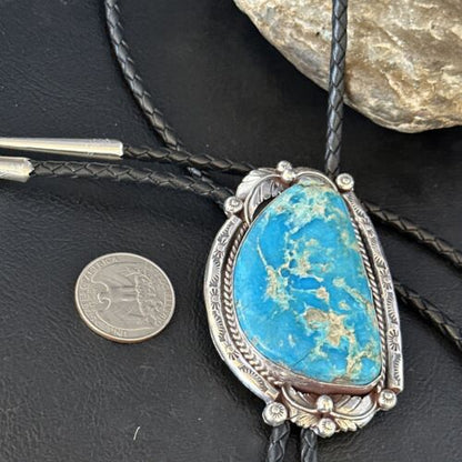 Navajo Blue Kingman Turquoise Bolo Tie | Sterling Silver | Authentic Native American Handmade | 14253
