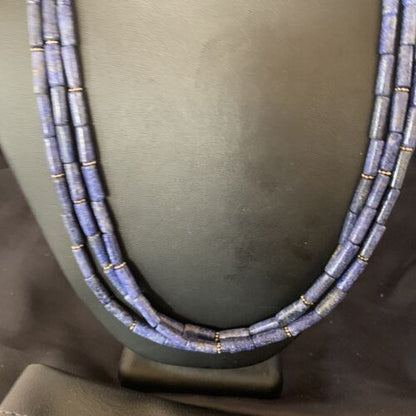 Navajo Blue Lapis 3-Strand Necklace | Sterling Silver Tube Beads | 23" | Authentic Native American Handmade | 12690