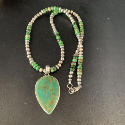 Navajo Pearl Green Turquoise Necklace Pendant | Sterling Silver | Authentic Native American Handmade | 13469
