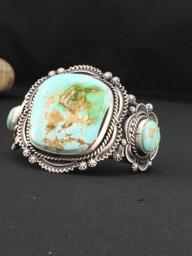 Men's Navajo Royston Turquoise Cuff Bracelet | Sterling Silver | 3 Stones | Authentic Native American Handmade | 1131