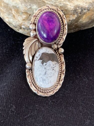 Navajo White Buffalo Turquoise & Sugilite Ring | Authentic Native American Sterling Silver | Multi-Stone | Sz 9.5 | 00309