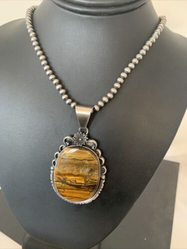 Men's Navajo Pearls Necklace | Sterling Silver | Coffee Tiger's Eye Pendant | Authentic Native American Handmade | 1543