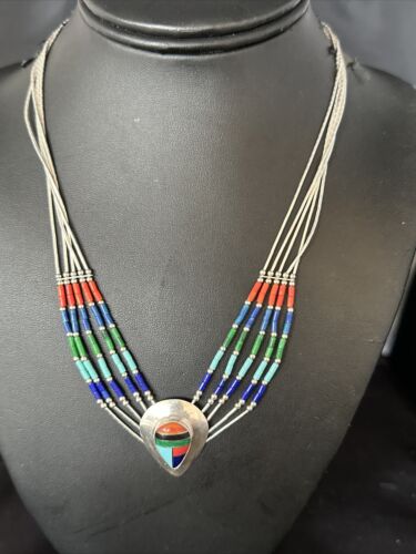 Multi-Color Liquid Silver Heishi 5-Strand Necklace | Sterling Silver Pendant | Native American Handmade | 14824 - Masha USA