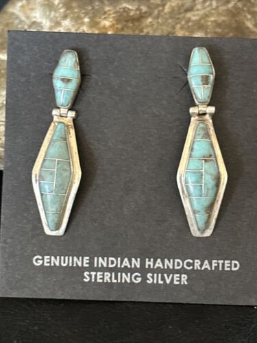 Navajo Blue Turquoise Inlay Earrings | Sterling Silver | 1" | Authentic Native American Handmade | 14775