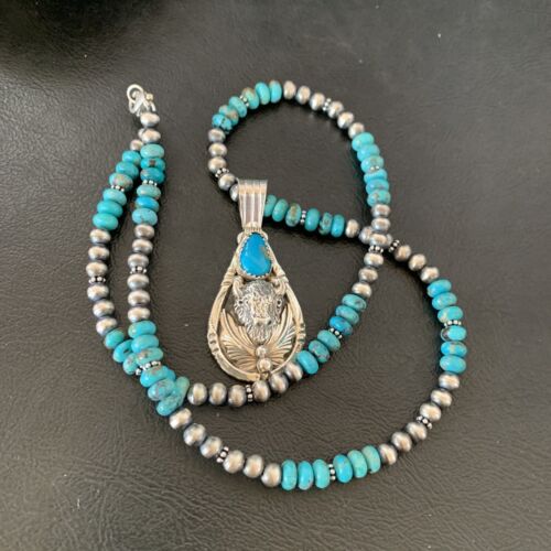 Navajo Pearl Necklace with Blue Turquoise Bullhead Pendant | Authentic Native American Sterling Silver | Multi-Stone | 11755