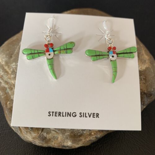 Navajo Dragonfly Earrings | Green Gaspeite, Coral, Mother of Pearl Inlay | Sterling Silver | 1" | 13319