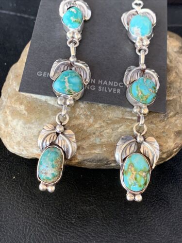 Navajo Sonoran Gold Turquoise Earrings | Sterling Silver | 3 Dangle | Authentic Native American Handmade | 13926
