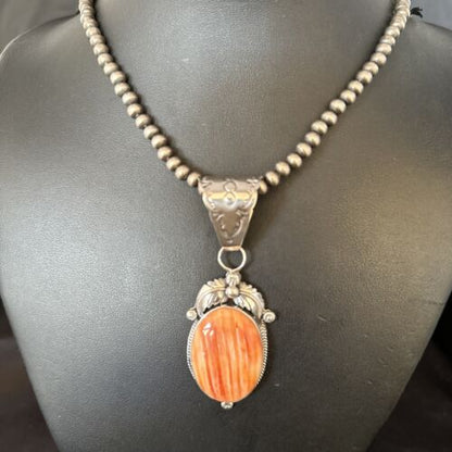 Navajo Pearls Orange Spiny Oyster Pendant Necklace | Sterling Silver | Authentic Native American Handmade | 14722