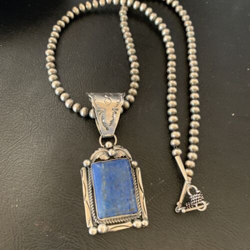 Navajo Denim Lapis Necklace with Pendant | Sterling Silver Pearls | Authentic Native American Handmade | 12438