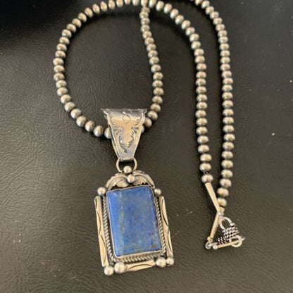 Navajo Denim Lapis Necklace with Pendant | Sterling Silver Pearls | Authentic Native American Handmade | 12438