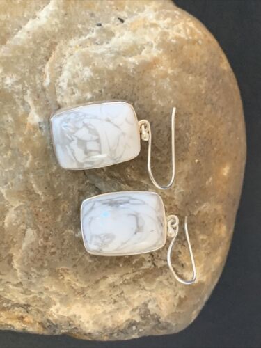Navajo Sterling Silver White Howlite Black Dangle Rectangle Earrings | 0.75" | 12070