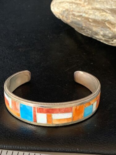 Zuni Orange Spiny Oyster Opal Inlay Cuff Bracelet | Sterling Silver | Authentic Native American Handmade | 14159