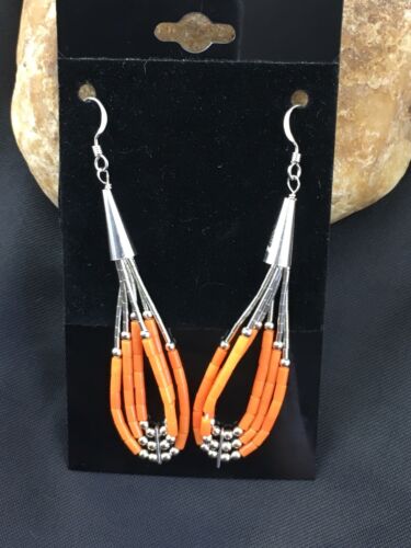 Native American Liquid Silver Heishi Dangle Earrings | Orange Coral | Sterling Silver | 2" | 2033