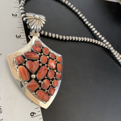 Navajo Red Spiny Oyster Pendant | Sterling Silver | Authentic Native American Handmade | 11514