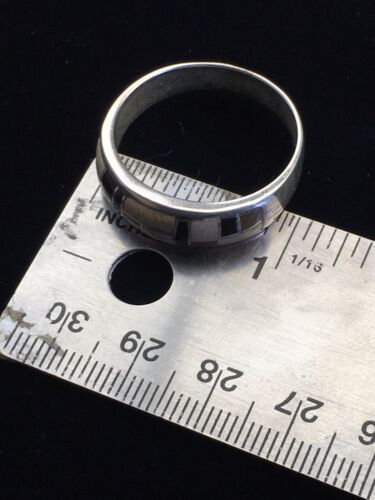 Navajo Sterling Silver Onyx & Picture Jasper Inlay Ring | Sz 13.5 | Authentic Native American Handmade | 01592