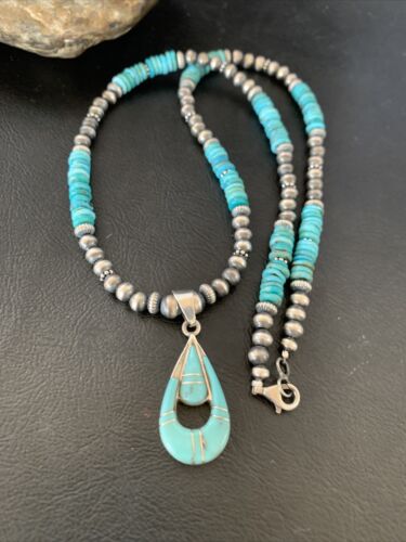 Navajo Pearl Necklace with Blue Turquoise Inlay Pendant | Sterling Silver | Authentic Native American Handmade | 12501